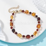 Natural Amber & Brass Beaded Bracelets for Women, Cube & Round, Real 18K Gold Plated, Chocolate, 7.48 inch(19cm)(BJEW-JB13664)