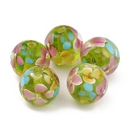 Round Lampwork Beads, Plum Flower Petal Pattern, with Hole, Light Green, 12mm, Hole: 1.8mm(LAMP-H059-A03)