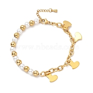 201 Stainless Steel Heart Charm Bracelet, Plastic Pearl Beaded Bracelet with Vacuum Plating 304 Stainless Steel Cable Chains for Women, Golden, 7-1/2 inch(19cm)(BJEW-A126-15G)