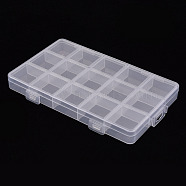 Polypropylene(PP) Bead Storage Containers, 15 Compartments Organizer Boxes, Rectangle with Cover, Clear, 15.8x9.6x1.7cm, Hole: 13x6mm, compartment: 3x3cm(CON-S043-036)