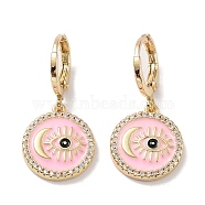 Real 18K Gold Plated Brass Dangle Leverback Earrings, with Enamel and Cubic Zirconia, Evil Eye & Moon, Pink, 29x14mm(EJEW-L269-002G-02)