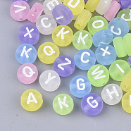 Transparent Frosted Acrylic Beads, Horizontal Hole, Flat Round with Random Initial Letter, Mixed Color, 7x3.5mm, Hole: 1.2mm(X-FACR-T002-001)