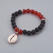 Cowrie Shell Charm Stretch Bracelets, with Carnelian(Dyed & Heated) & Lava Rock Beads and Tibetan Style Alloy Spacers Beads, 2-1/4 inch(5.6cm)(BJEW-JB04088-02)