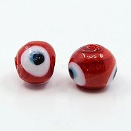Handmade Lampwork Beads, Evil Eye, Round, Red, about 10mm in diameter, hole: 1mm(DT249J-1)