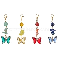 Glass Pendant Decorations, with Alloy Findings, Butterfly, Mixed Color, 63.5mm, 4pcs/set(HJEW-TA00133)