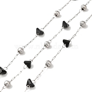 Black Glass Faceted Triangle Beaded Chains, with 304 Stainless Steel Satellite Chains, Soldered, with Spool, Stainless Steel Color, 2x0.8x0.1mm, 3x4x3.5mm, 2x1.5x0.1mm(CHS-B004-03P)