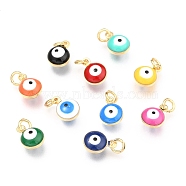 Brass Enamel Beads, Real 18K Gold Plated,Long-Lasting Plated, with Jump Ring, Flat Round with Evil Eye, Mixed Color, 9.5x6.5x4.5mm, Hole: 2.5mm(X-KK-B024-02G)