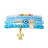 5Pcs 5 Style Evil Eye Lampwork & Synthetic Turquoise & Natural Pearl  Beaded Stretch Bracelets Set, Stackable Bracelets with Alloy Turtle Charms, Dodger Blue, Inner Diameter: 2-1/4 inch(5.8cm), 1Pc/style(BJEW-JB09708)
