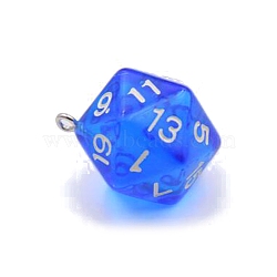 Transparent Acrylic Pendants, with Platinum Plated Iron Loops, 20 Sided Dice Charm, Blue, 27x21mm(OACR-TAC0011-01A)