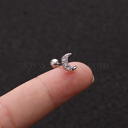 Brass Micro Pave Clear Cubic Zirconia Cartilage Earrings for Women, with Stainless Steel Pins, Stainless Steel Color, Moon, 6mm, Pin: 1.2mm(WGD0011-29)