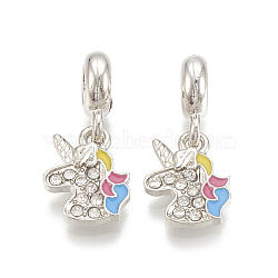 Alloy European Dangle Charms, with Rhinestone and Enamel, Large Hole Pendants, Unicorn, Platinum, Crystal, 24.5mm, Hole: 4.5mm, 14x11x2mm(MPDL-S066-053)