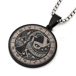 Retro Mandala 201 Stainless Steel Box Chain Constellation Pendant Necklaces for Women Men, Black, Aquarius, 28.35 inch(72cm)(NJEW-M223-01A)