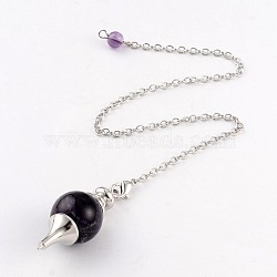 Natural Amethyst Sphere Dowsing Pendulums, with Platinum Plated Brass Cross Chain & Lobster Claw Clasps, 225~240mm(X-BJEW-E292-A07)