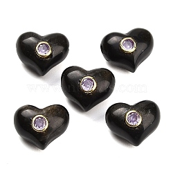 Natural Obsidian Beads, Heart, with Brass Pave Cubic Zirconia Findings, Golden, 14x17~17.5x11.5~12mm, Hole: 1.6mm(GG-CBACC2B-03A)