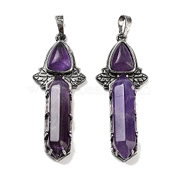 Natural Amethyst Sword Big Pendants, Rack Plating Antique Silver Plated Brass Charms, Cadmium Free & Lead Free, 51x20x9mm, Hole: 6.5x5mm(G-Q163-08AS-03)