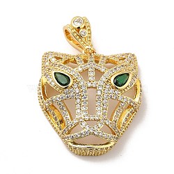 Brass Clear Cubic Zirconia Pendants, Cheetah Charm, Real 18K Gold Plated, Green, 26.5x21x11.5mm, Hole: 4.5x7.5mm(KK-H433-42G)