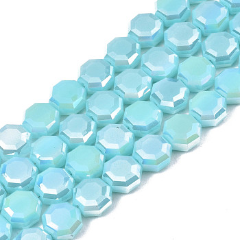 Electroplate Opaque Solid Color Glass Beads Strands, AB Color Plated, Half Plated, Faceted, Octagon, Sky Blue, 7~8x7~8x4mm, Hole: 1.2mm, about 72pcs/strand, 20.47 inch(52cm)