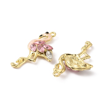 Alloy Rhinestone Pendants, with Enamel, Flamingo Charms, Light Gold, Rose, 29x16x4mm, Hole: 1.4mm