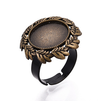 Adjustable Alloy & Iron Bezel Cup Ring Base with Rotatable Tray, Leaf & Flat Round Pad Ring Setting for Anxiety Relief Ring Making, Antique Bronze, 22x22mm, 17mm, Tray Size: 14mm
