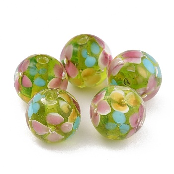 Round Lampwork Beads, Plum Flower Petal Pattern, with Hole, Light Green, 12mm, Hole: 1.8mm