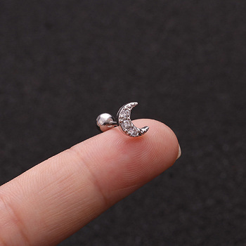 Brass Micro Pave Clear Cubic Zirconia Cartilage Earrings for Women, with Stainless Steel Pins, Stainless Steel Color, Moon, 6mm, Pin: 1.2mm