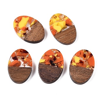 Transparent Resin and Walnut Wood Pendants, Oval Charms with Gold Foil, Dark Orange, 23x15.5x3.5mm, Hole: 2mm