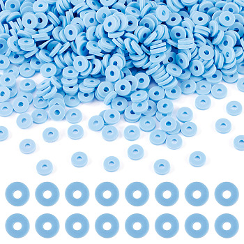 100G Handmade Polymer Clay Beads, Disc/Flat Round, Heishi Beads, Light Sky Blue, 6x1mm, Hole: 2mm