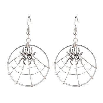 Spider Alloy Dangle Earrings, with Brass Earring Pins, Platinum, 59x36mm