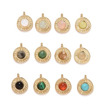Gemstone Charms, Ion Plating(IP) 304 Stainless Steel Settings, Real 18K Gold Plated, Flat Round, 13.5x11x3.5mm, Hole: 1.5mm