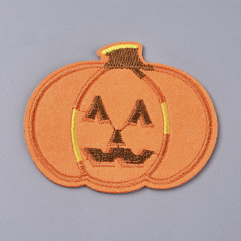 Computerized Embroidery Cloth Iron on/Sew on Patches, Costume Accessories, Pumpkin Jack-O'-Lantern Jack-o-Lantern, for Halloween, Orange, 55x67x1.5mm