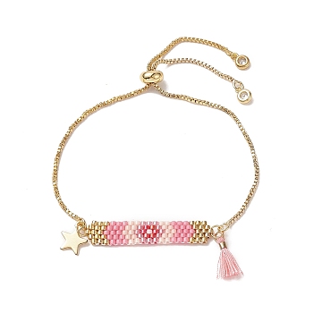 Handmade Japanese Seed Rectangle & Star & Tassel Charms Slider Bracelet, Golden 304 Stainless Steel Jewelry for Women, Pink, 10-5/8 inch(27cm)