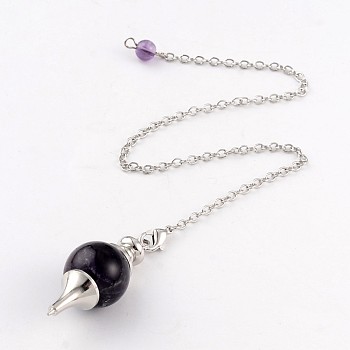 Natural Amethyst Sphere Dowsing Pendulums, with Platinum Plated Brass Cross Chain & Lobster Claw Clasps, 225~240mm