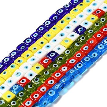 Handmade Evil Eye Lampwork Beads Strands, Square, Mixed Color, 10~11x10~11x4~5.5mm, Hole: 1.6mm, about 40pcs/strand, 16.02 inch(40.7cm)