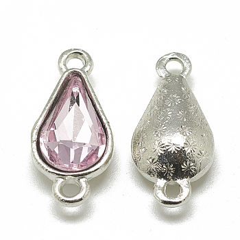 Alloy Glass Links connectors, teardrop, Platinum, Pearl Pink, 21x10x5~6mm, Hole: 2mm