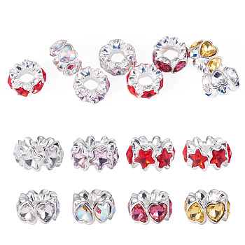 8Pcs 2 Styles Alloy Rhinestone European Beads, Large Hole Beads, Mixed Color, 15x8mm, Hole: 5.5mm, 4pcs/style
