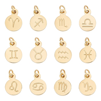 12Pcs 12 Style Golden Plated 304 Stainless Steel Charms, Flat Round with Constellations Pattern, Golden, 13.5x10x1mm, Hole: 3mm, 1pc/style