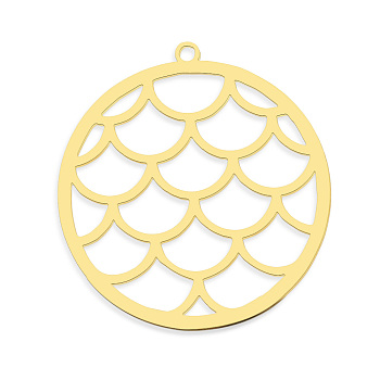 201 Stainless Steel Pendants, Laser Cut, Vacuum Plating, Flat Round, Golden, 32x30x1mm, Hole: 1.5mm