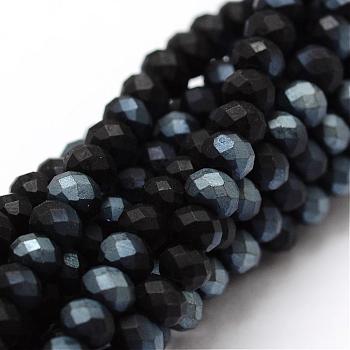 Half Rainbow Plated Faceted Rondelle Glass Bead Strands, Frosted, Black, 2.8~3x2mm, Hole: 0.8mm, about 200pcs/strand, 15.1 inch