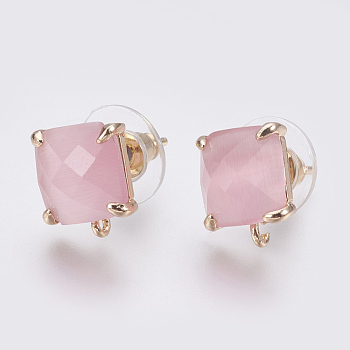 Faceted Glass Stud Earring Findings, with Loop, Light Gold Plated Brass Findings, Square, Pink, 11x10x5mm, Hole: 1mm, Pin: 0.8mm