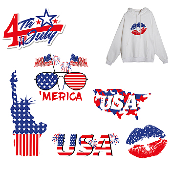 USA Pattern PET Heat Transfer Film Logo Stickers Set, for DIY T-Shirt, Bags, Hats, Jackets, Colorful, Sign Pattern, 300x207mm, 6pcs/set