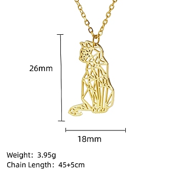 Real 18K Gold Plated Stainless Steel Pendant Necklace, Origami Animal, Cat Shape, 17.72 inch(45cm), Pendant: 26x18mm