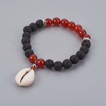 Cowrie Shell Charm Stretch Bracelets, with Carnelian(Dyed & Heated) & Lava Rock Beads and Tibetan Style Alloy Spacers Beads, 2-1/4 inch(5.6cm)