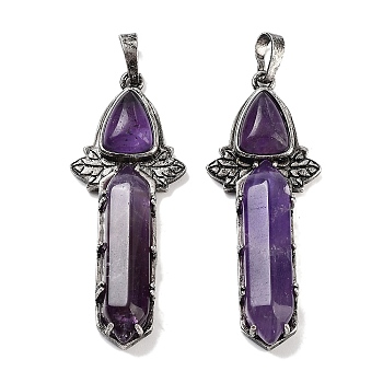 Natural Amethyst Sword Big Pendants, Rack Plating Antique Silver Plated Brass Charms, Cadmium Free & Lead Free, 51x20x9mm, Hole: 6.5x5mm