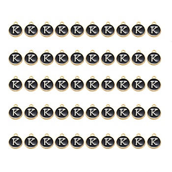 Golden Plated Alloy Charms, with Enamel, Enamelled Sequins, Flat Round, Black, Letter.K, 14x12x2mm, Hole: 1.5mm, 50pcs/Box