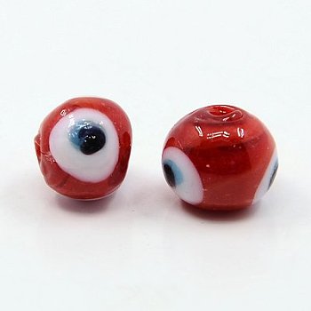 Handmade Lampwork Beads, Evil Eye, Round, Red, about 10mm in diameter, hole: 1mm