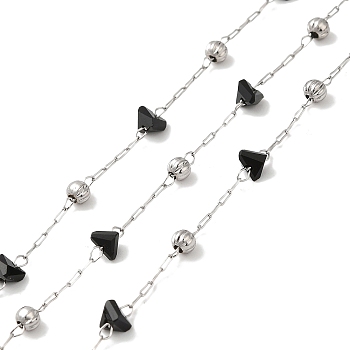 Black Glass Faceted Triangle Beaded Chains, with 304 Stainless Steel Satellite Chains, Soldered, with Spool, Stainless Steel Color, 2x0.8x0.1mm, 3x4x3.5mm, 2x1.5x0.1mm