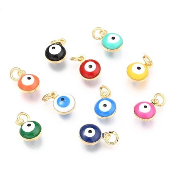 Brass Enamel Beads, Real 18K Gold Plated,Long-Lasting Plated, with Jump Ring, Flat Round with Evil Eye, Mixed Color, 9.5x6.5x4.5mm, Hole: 2.5mm