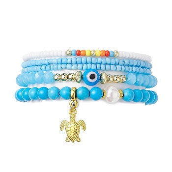 5Pcs 5 Style Evil Eye Lampwork & Synthetic Turquoise & Natural Pearl  Beaded Stretch Bracelets Set, Stackable Bracelets with Alloy Turtle Charms, Dodger Blue, Inner Diameter: 2-1/4 inch(5.8cm), 1Pc/style