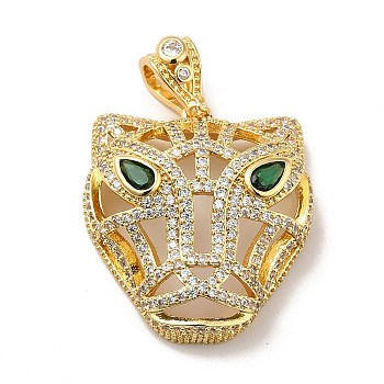 Brass Clear Cubic Zirconia Pendants, Cheetah Charm, Real 18K Gold Plated, Green, 26.5x21x11.5mm, Hole: 4.5x7.5mm