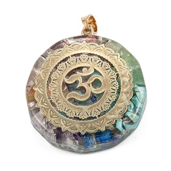 Natural Gemstone Pendants, with Alloy Findings and Resin, Antique Golden, Flat Round with Om Symbol, 45x35.5x11mm, Hole: 6x4.5mm